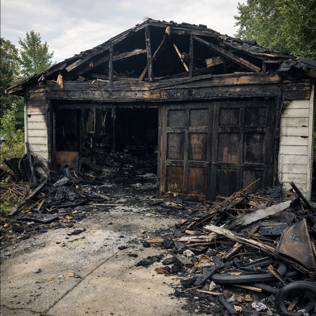 Interior of a home with yellow air ducts and blue industrial fans on a covered floor, a masked person sitting on a stool, and an open front door.