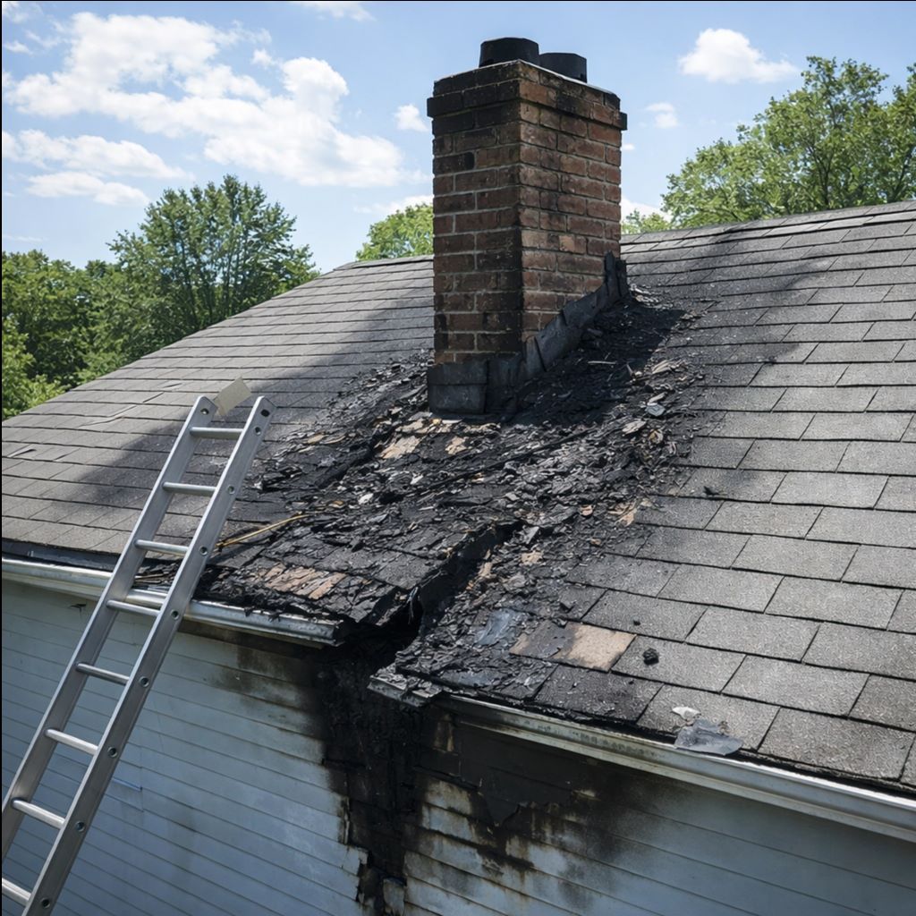 Side of a building with fire damage including charred siding and a burnt window air conditioner with metal bars.