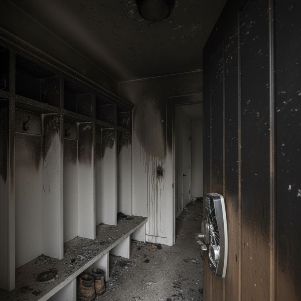 Closet with white wire shelves, showing black mold growth on the back wall and various stored items including a cardboard box, cloths, and an orange bucket.