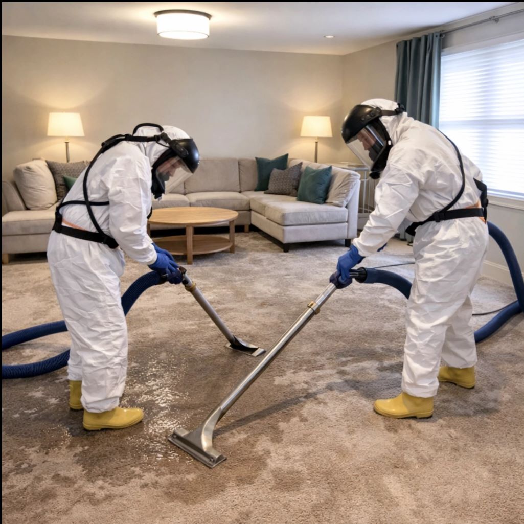 Interior of a house severely damaged by fire with charred walls, exposed ceiling beams, broken furniture, and debris scattered across the floor.
