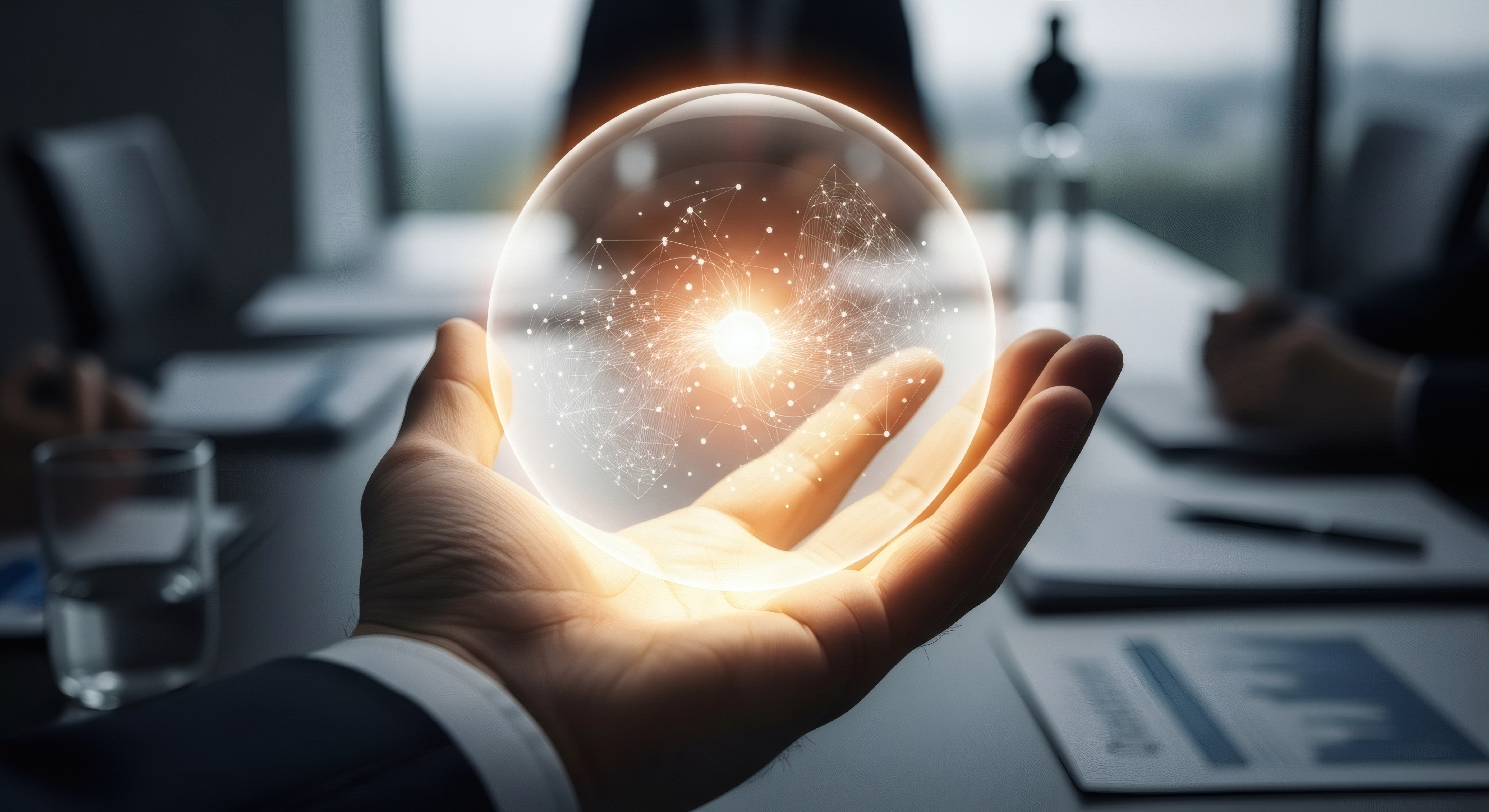 image of hand holding crystal glass ball with electric like glowing to show tax and business clarity