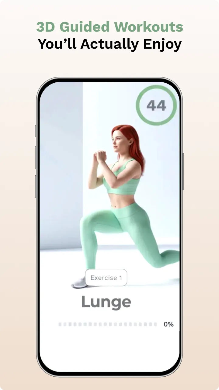 Phone screen showing 3D guided workout with a red-haired woman in green workout clothes demonstrating a lunge exercise.