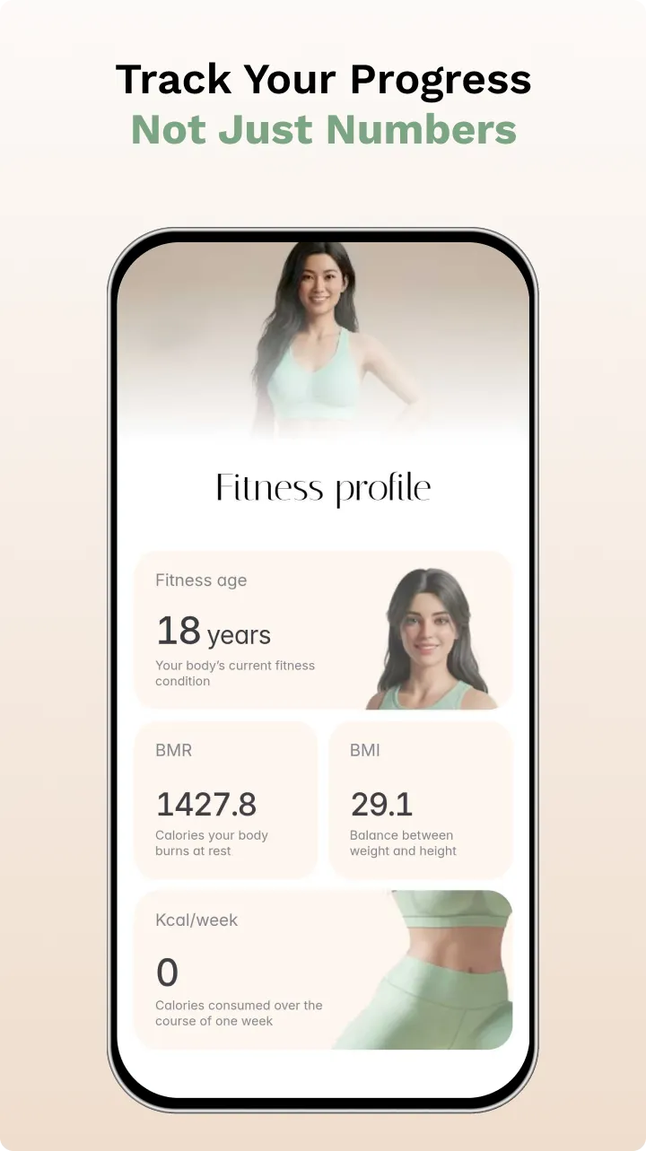 Smartphone screen showing a fitness profile app with data including fitness age of 18 years, BMR 1427.8 calories, BMI 29.1, and Kcal/week 0, with images of a smiling woman in workout clothes.