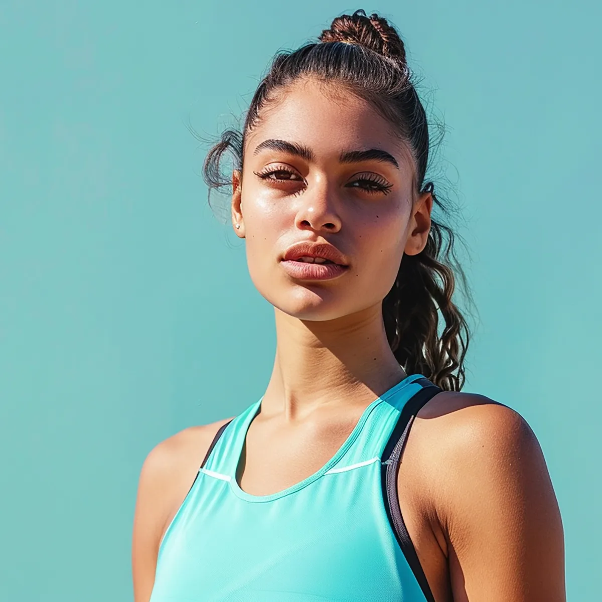 Young woman with a high bun hairstyle wearing a turquoise athletic tank top against a plain teal background.