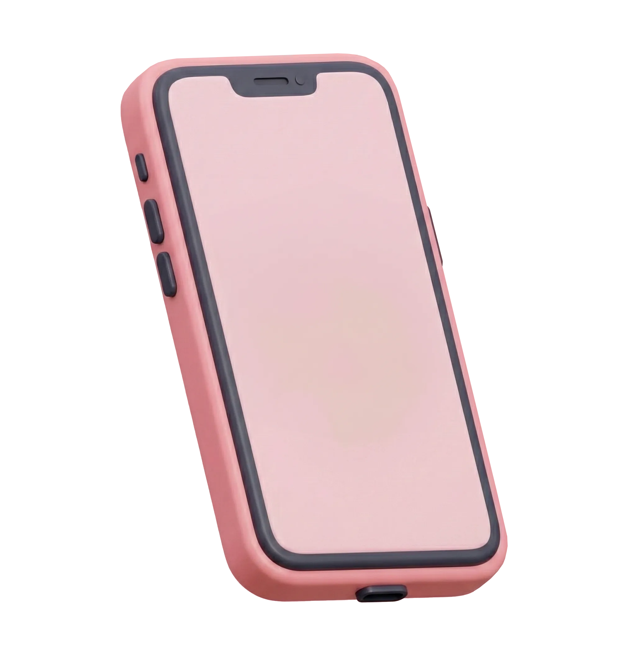 Smartphone with a pink protective case and black buttons on the side, angled slightly.