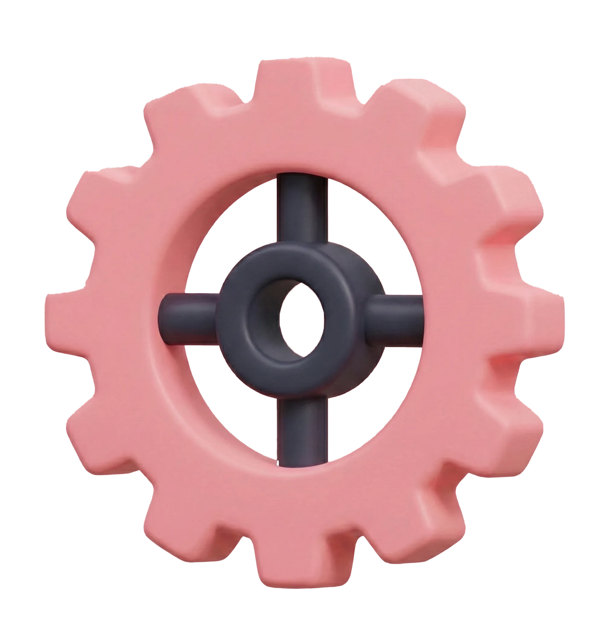 3D illustration of a pink gear with a black central hub and cross-shaped spokes.