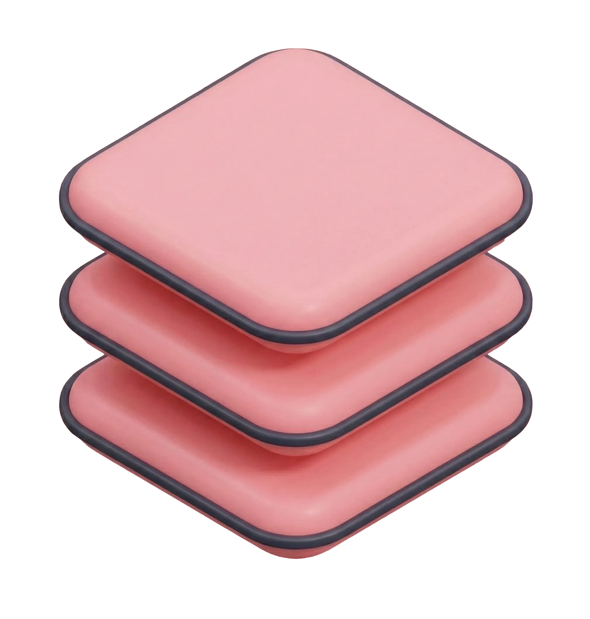 Stack of three pink square cushions with rounded edges and dark trim.