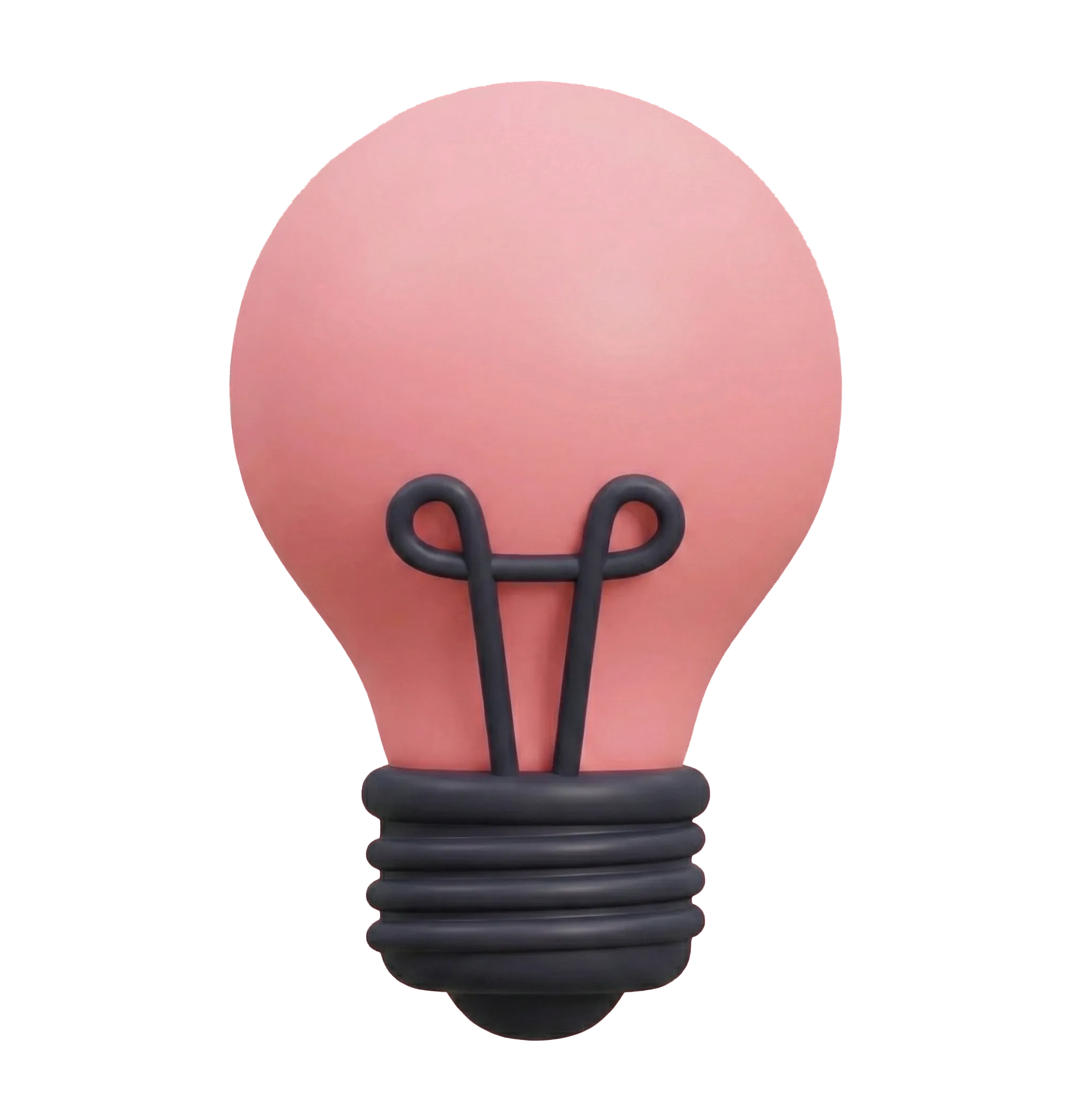 3D pink light bulb with black filament and base on white background.