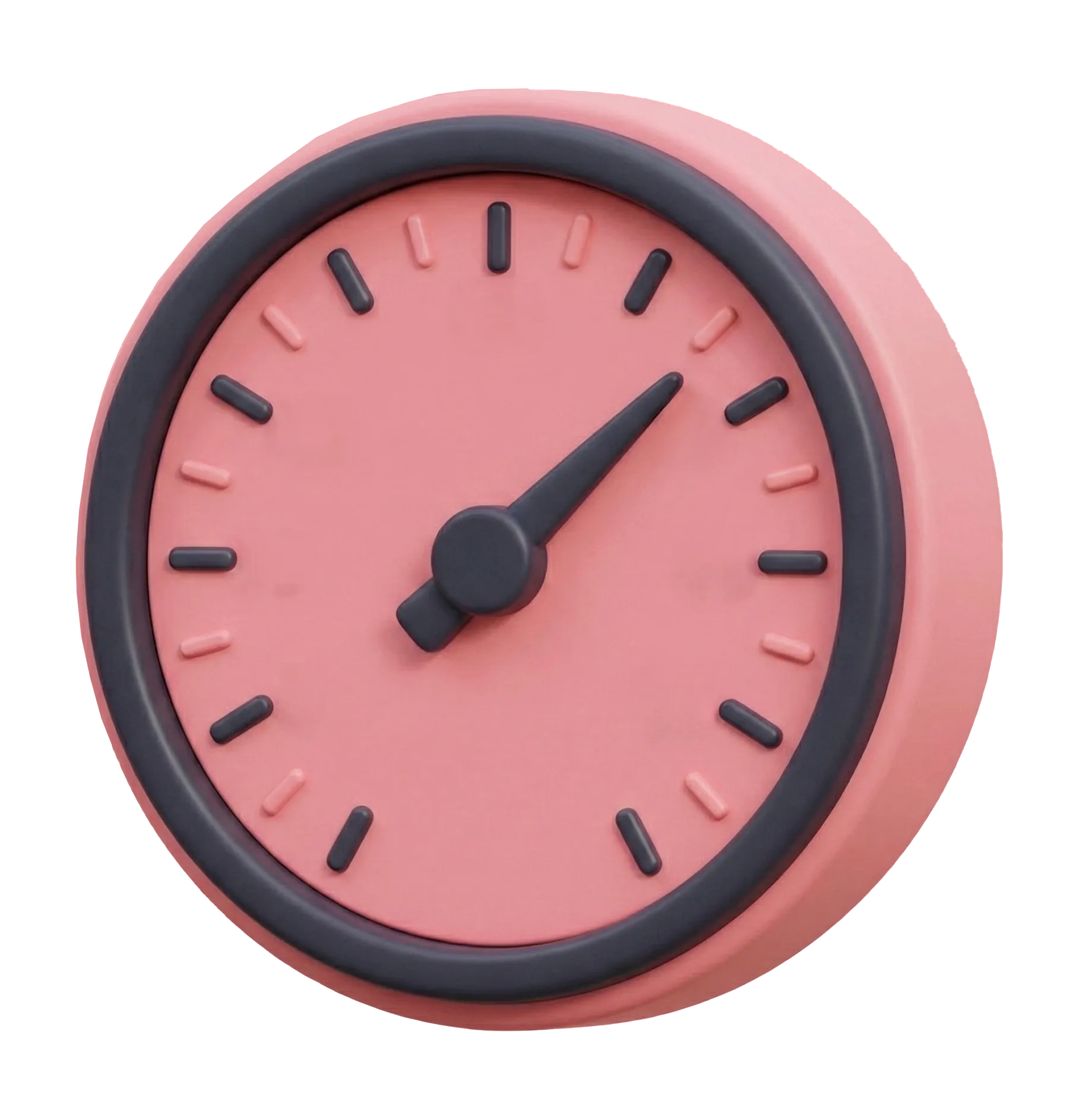 Round pink clock with black hour markers and hands showing 1:05.