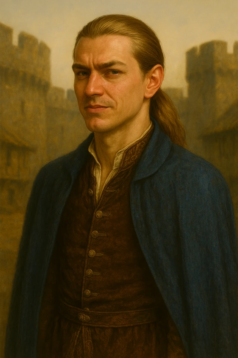 Portrait von Baron Methim. Er hat langes, blondes Haar, das im Nacken zusammengebunden ist, und einen arroganten Gesichtsausdruck. Er trägt den blauen Mantel eines Gildegesellen.
