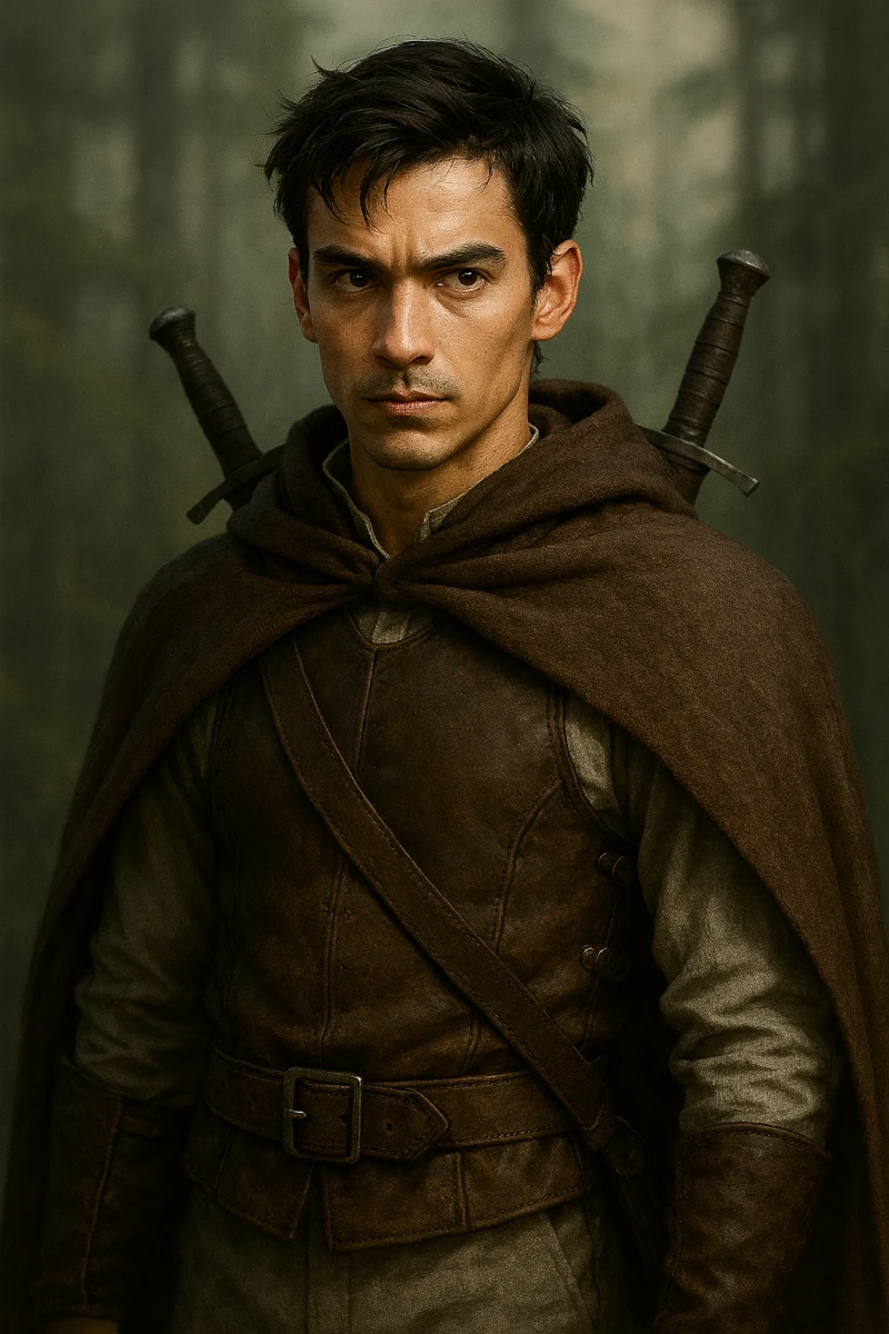 Portrait von Joran. Ein Soldat der königlichen Armee mit entschlossenem Blick und dunklen Haaren.
