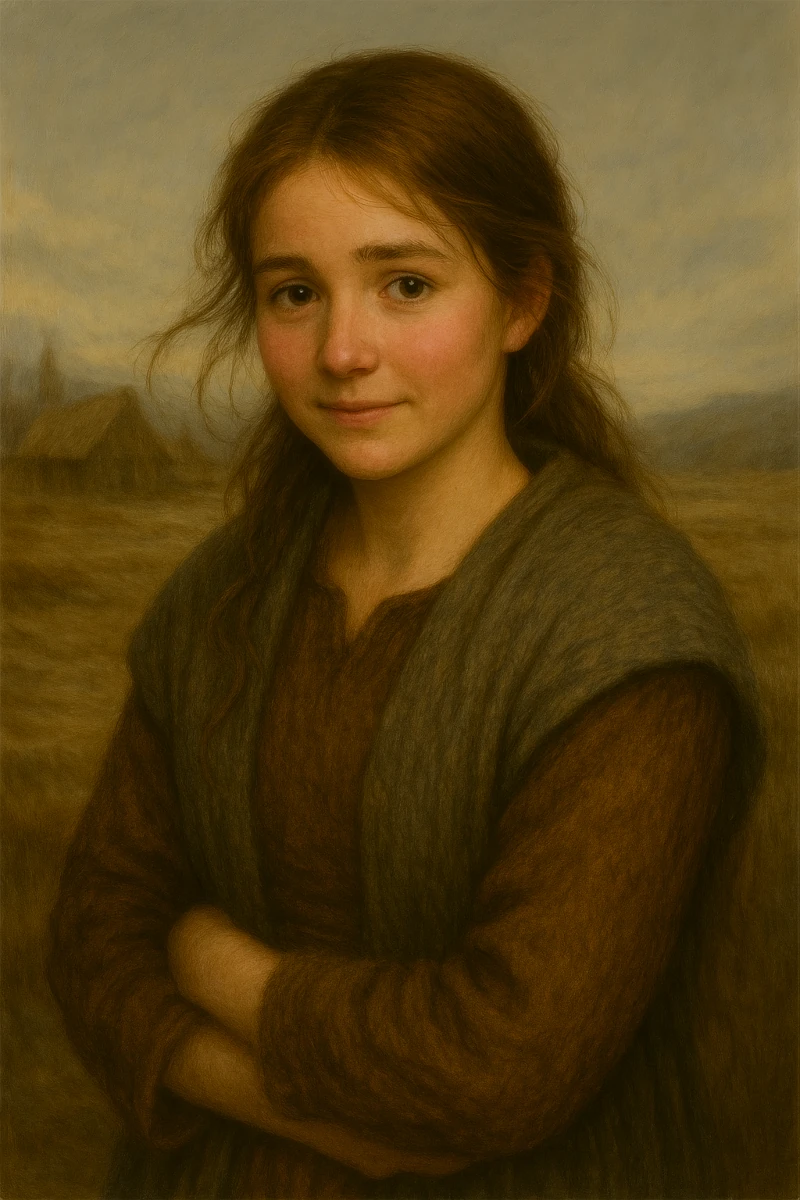Portrait von Nyssa, einem jungen Bauernmädchen. Sie ist hübsch und hat lange, hellbraune Haare.