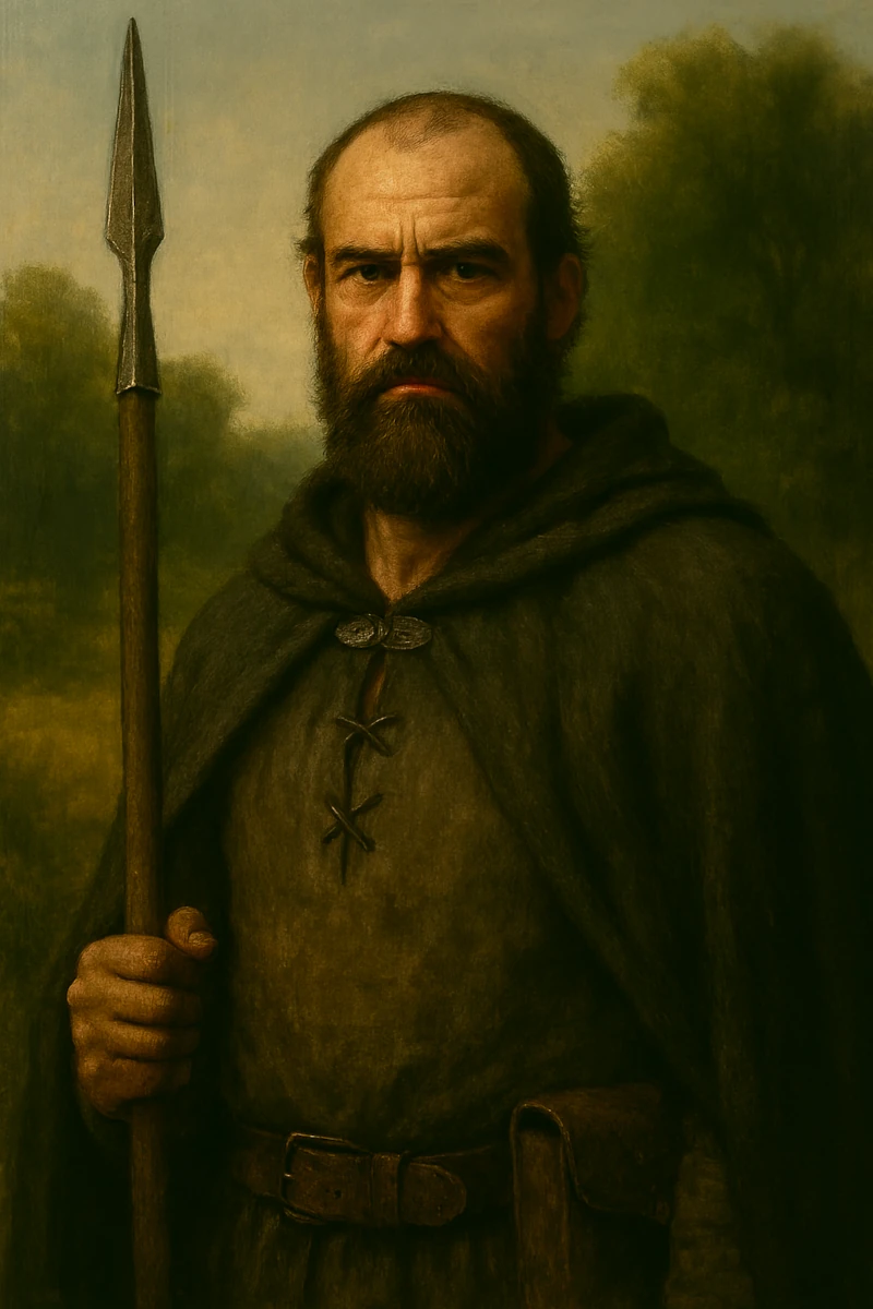 Portrait von Bertam. Ein einfacher Mann mit Vollbart und Halbglatze, bewaffnet mit einem Speer.