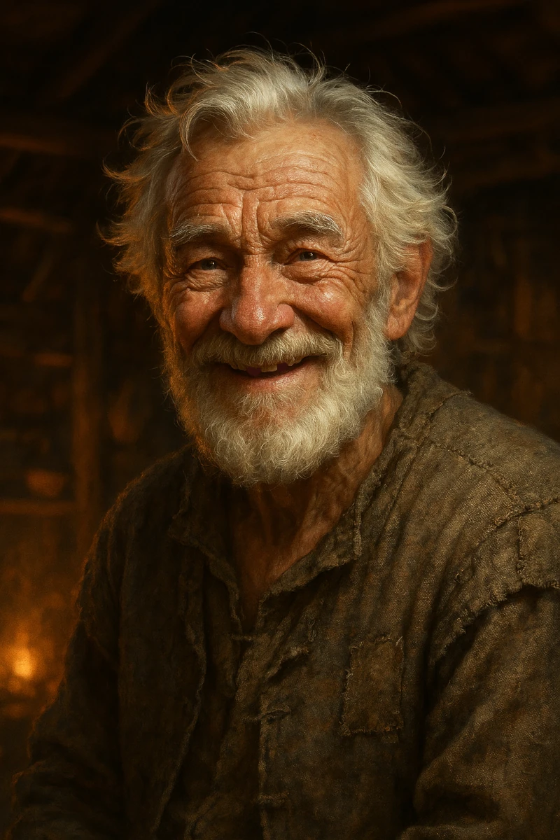 Portrait von Milosch. Ein alter Mann mit weißen Haaren und Bart. Er lächelt freundlich, ihm fehlen ein paar Zähne.