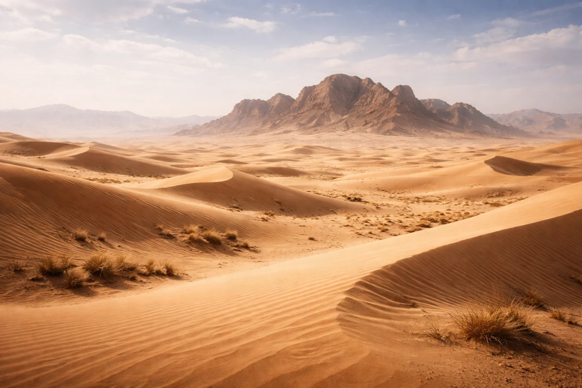 Panoramabild der südlichen Wüste. Im Vordergrund sind Sanddünen und ein paar spärliche Gräser zu sehen, im Hintergrund eine Felsengruppe.
