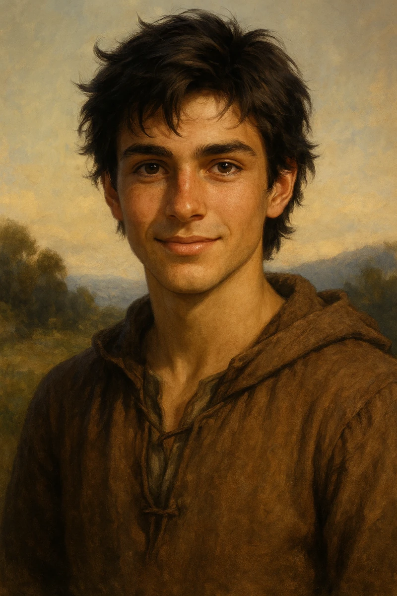 Portrait von Marc. Ein sympathischer junger Mann mit etwas unordentlichen braunen Haaren und braunen Augen. Er trägt einfache Kleidung in Erdtönen.