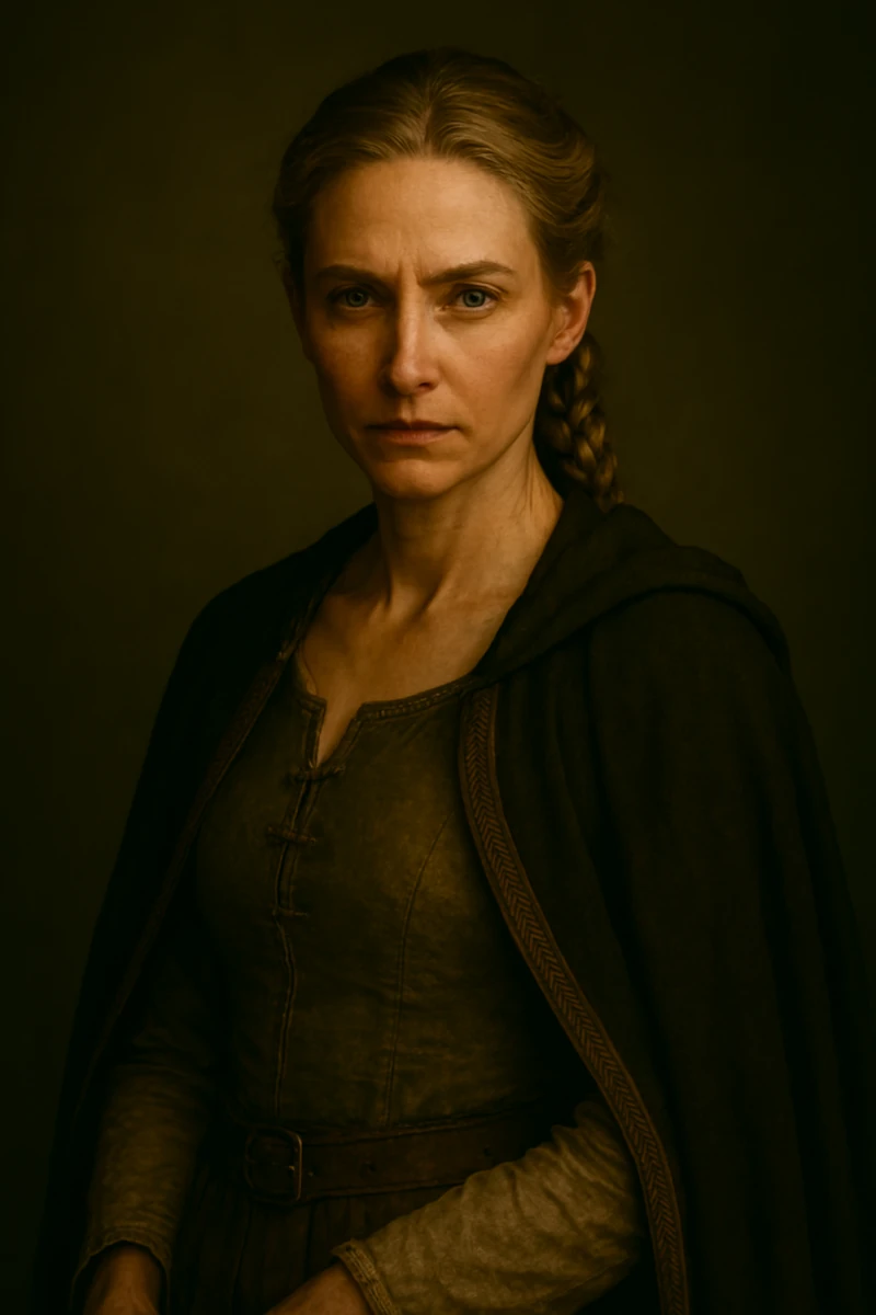 Portrait der Hexe Mira. Stadtbewohnerin mit gepflegtem Erscheinungsbild, langes blondes Haar zu einem Zopf geflochten, etwa Mitte dreißig