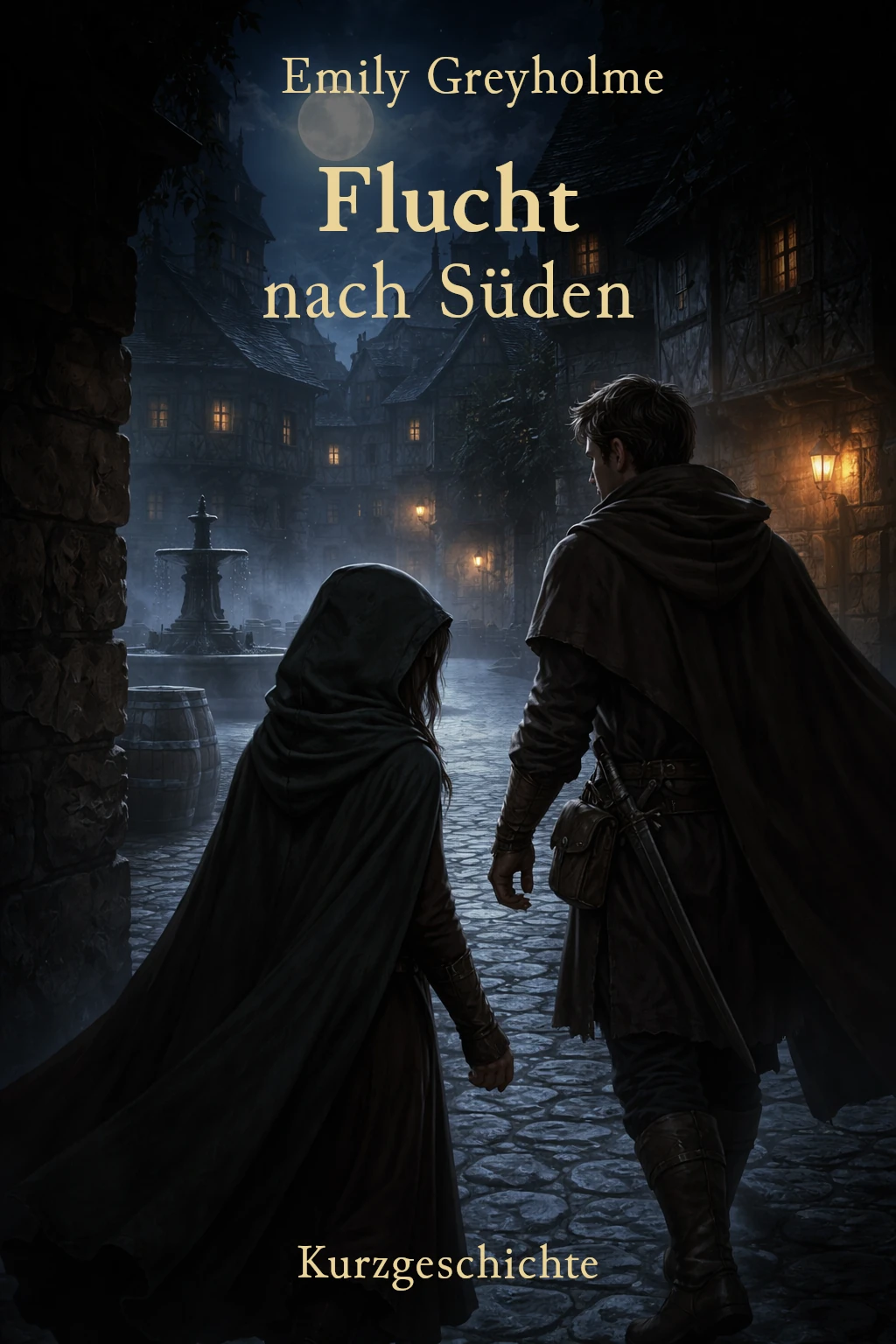 Das Cover der Kurzgeschichte Flucht nach Süden zeigt zwei Personen in einer nächtlichen, mittelalterlichen Stadt.