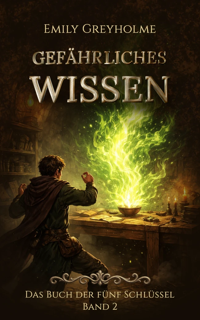 Das Cover von Band 2 zeigt einen jungen Mann in einer Höhle. Vor ihm auf dem Tisch schießt eine magische Flamme in die Höhe.