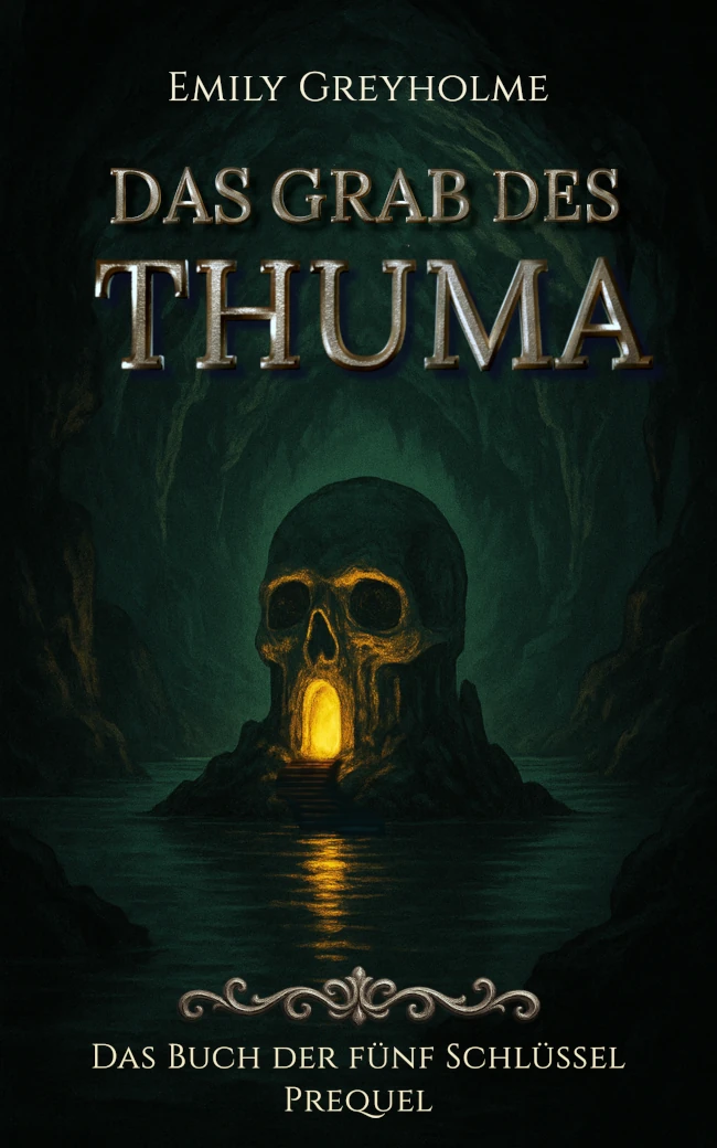 Buchcover in Schwarz und Grün mit einem Mausoleum in Form eines Totenkopfes in einem unterirdischen See.