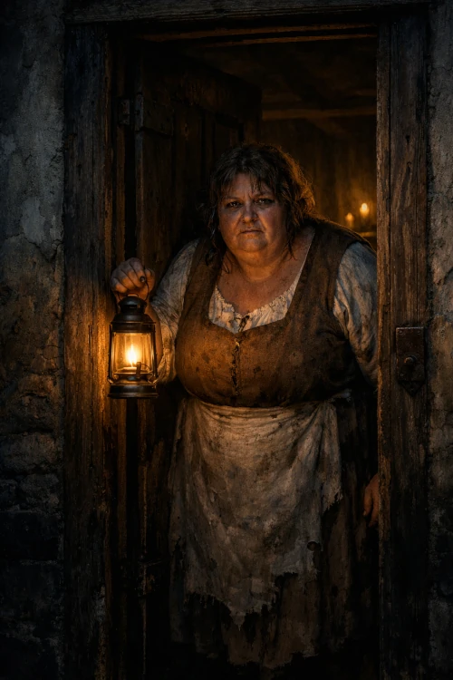 Ella öffnet die Tür. Sie ist eine beleibte Frau mit schmutziger Schürze und einer Lampe in der Hand.