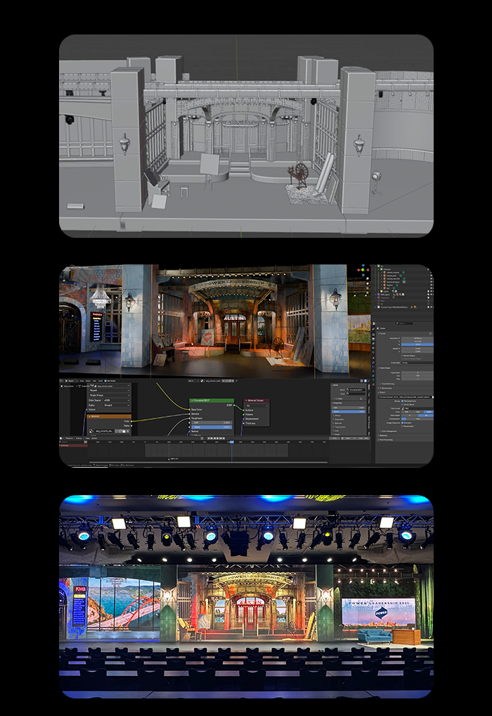 Three stages of a theater set design: a grayscale 3D model, a color textured design in a 3D software interface, and a fully constructed and lit theater stage with audience seating.