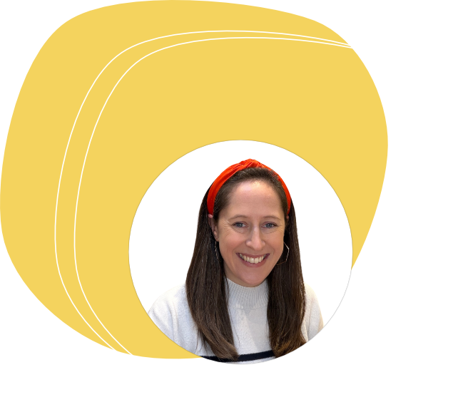 Smiling woman with long brown hair wearing a red headband and white sweater with black stripes, framed by yellow and white abstract shapes.