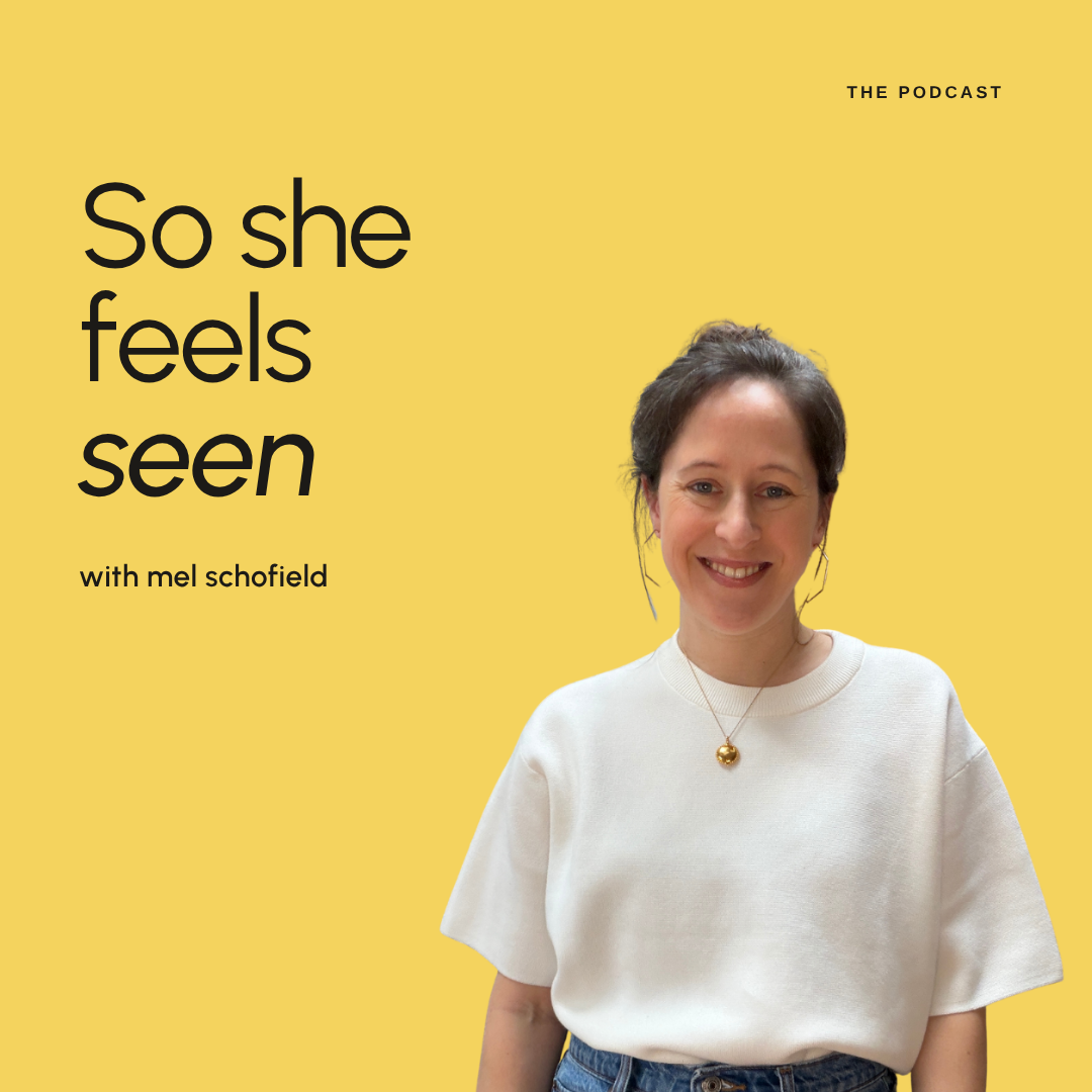 Smiling woman in a white shirt and gold necklace on yellow background with text about a podcast.