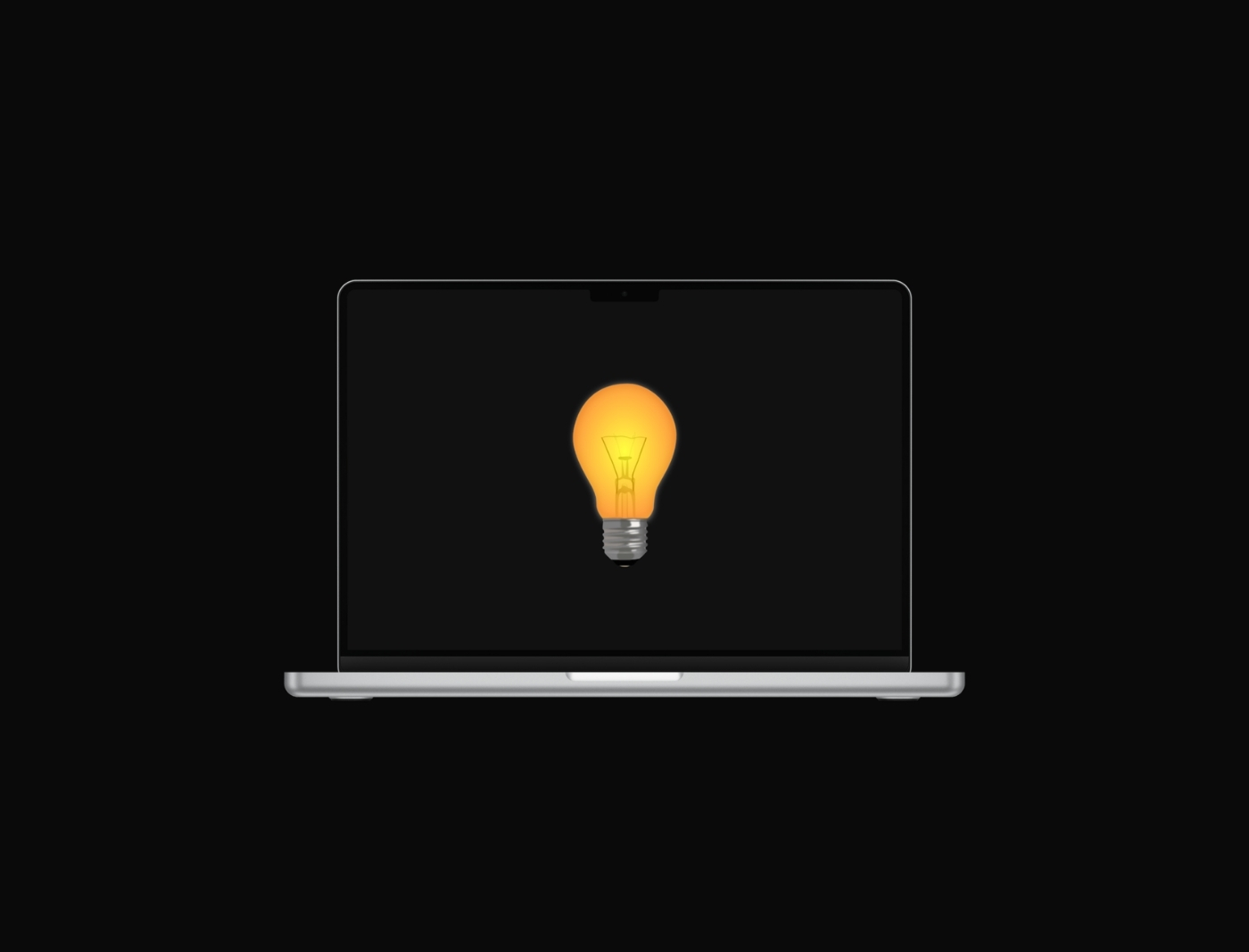 Laptop with a glowing yellow light bulb icon displayed on the screen against a black background.