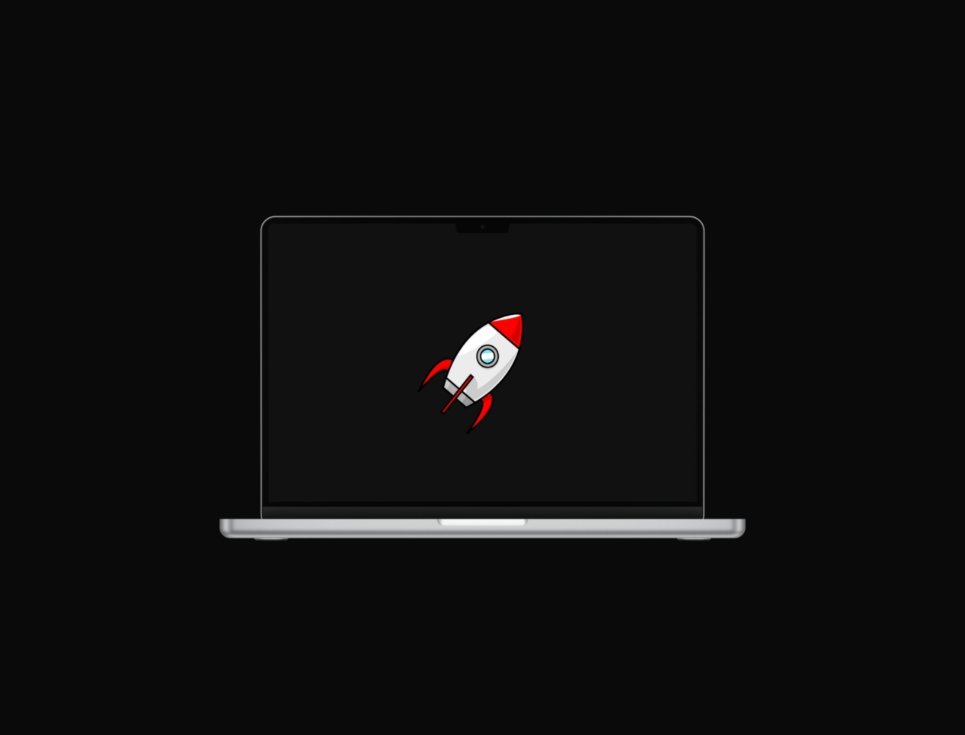 Laptop with a black screen displaying a white and red cartoon rocket icon.