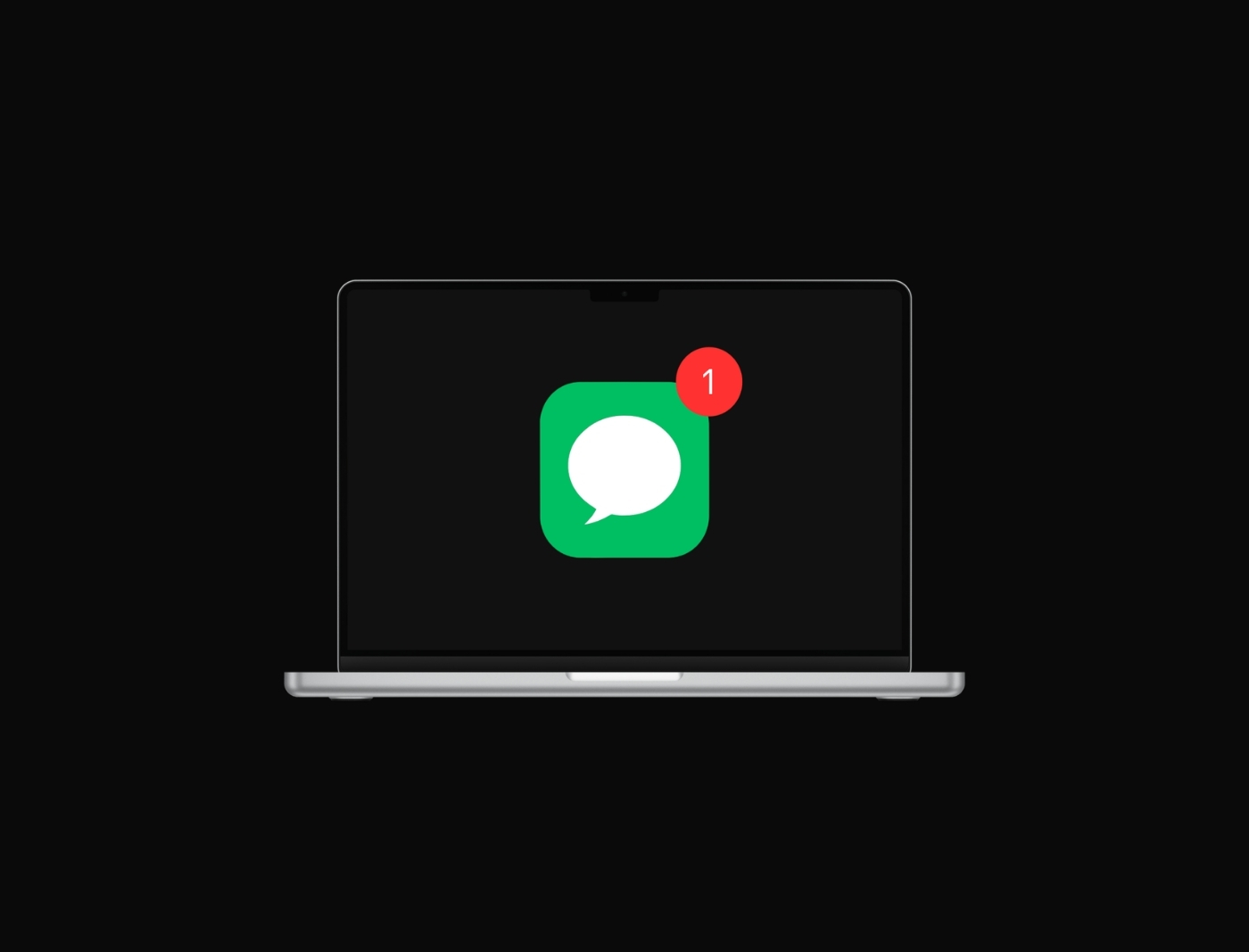 Laptop screen displaying a green chat message icon with a red notification badge showing the number 1.