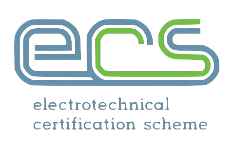 Logo with stylized letters 'ecs' and text 'electrotechnical certification scheme'.