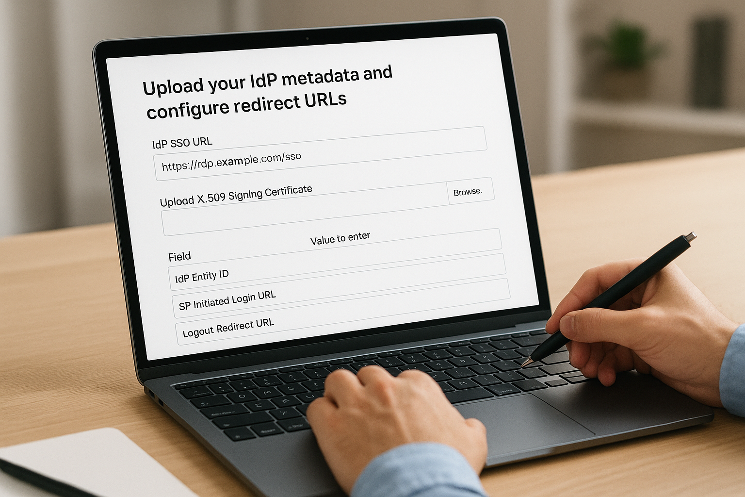 Upload your IdP metadata and configure redirect URLs