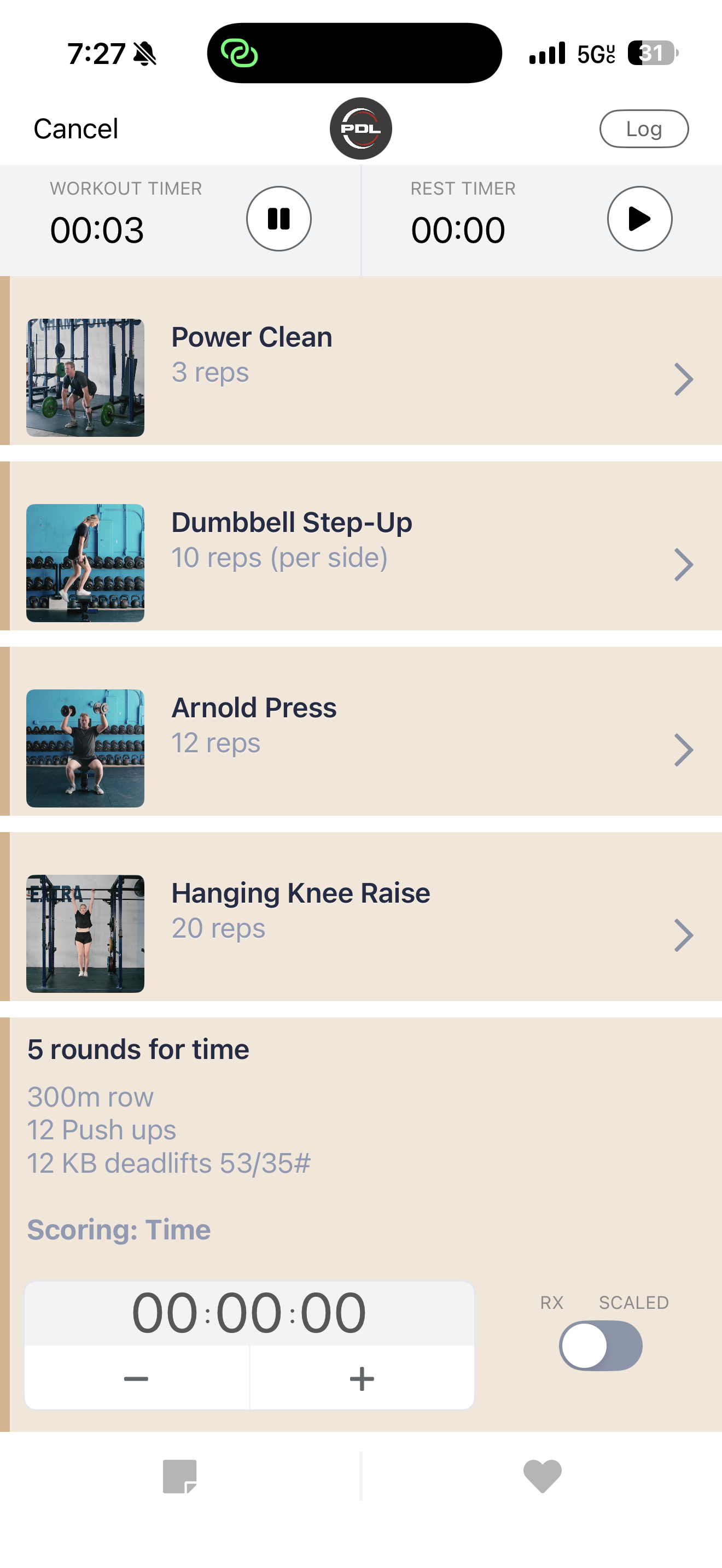 Mobile workout app screen showing exercises Power Clean, Dumbbell Step-Up, Arnold Press, Hanging Knee Raise with reps, workout and rest timers, and a scoring timer set to 00:00:00.