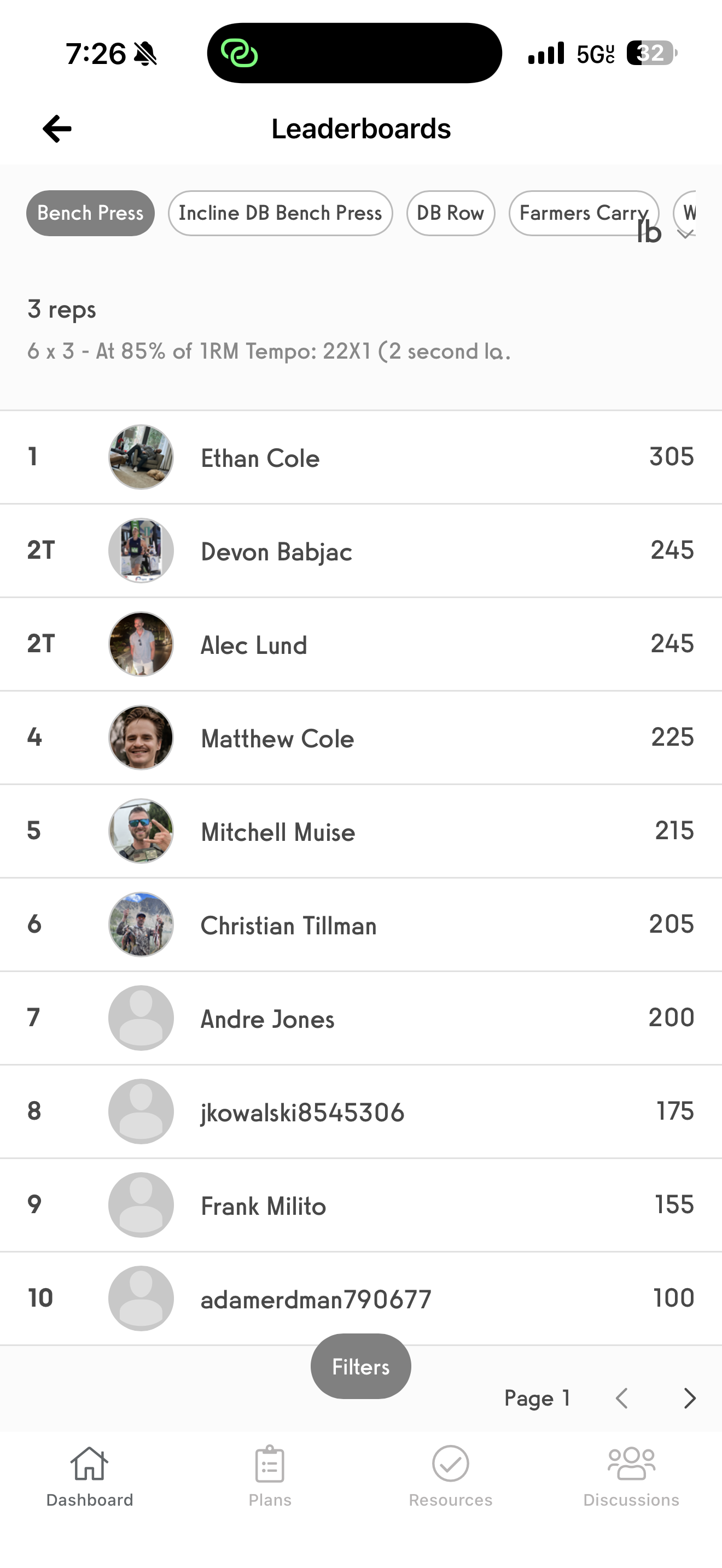 Leaderboard for Bench Press showing top 10 users and their weights lifted, with Ethan Cole leading at 305 lbs.