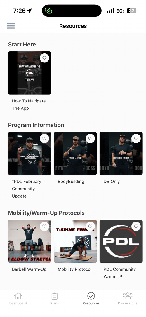 Mobile app screen showing Resources menu with sections for How To Navigate The App, Program Information including PDL February Community Update, BodyBuilding, DB Only, and Mobility/Warm-Up Protocols including Barbell Warm-Up, Mobility Protocol, and PDL Community Warm UP.