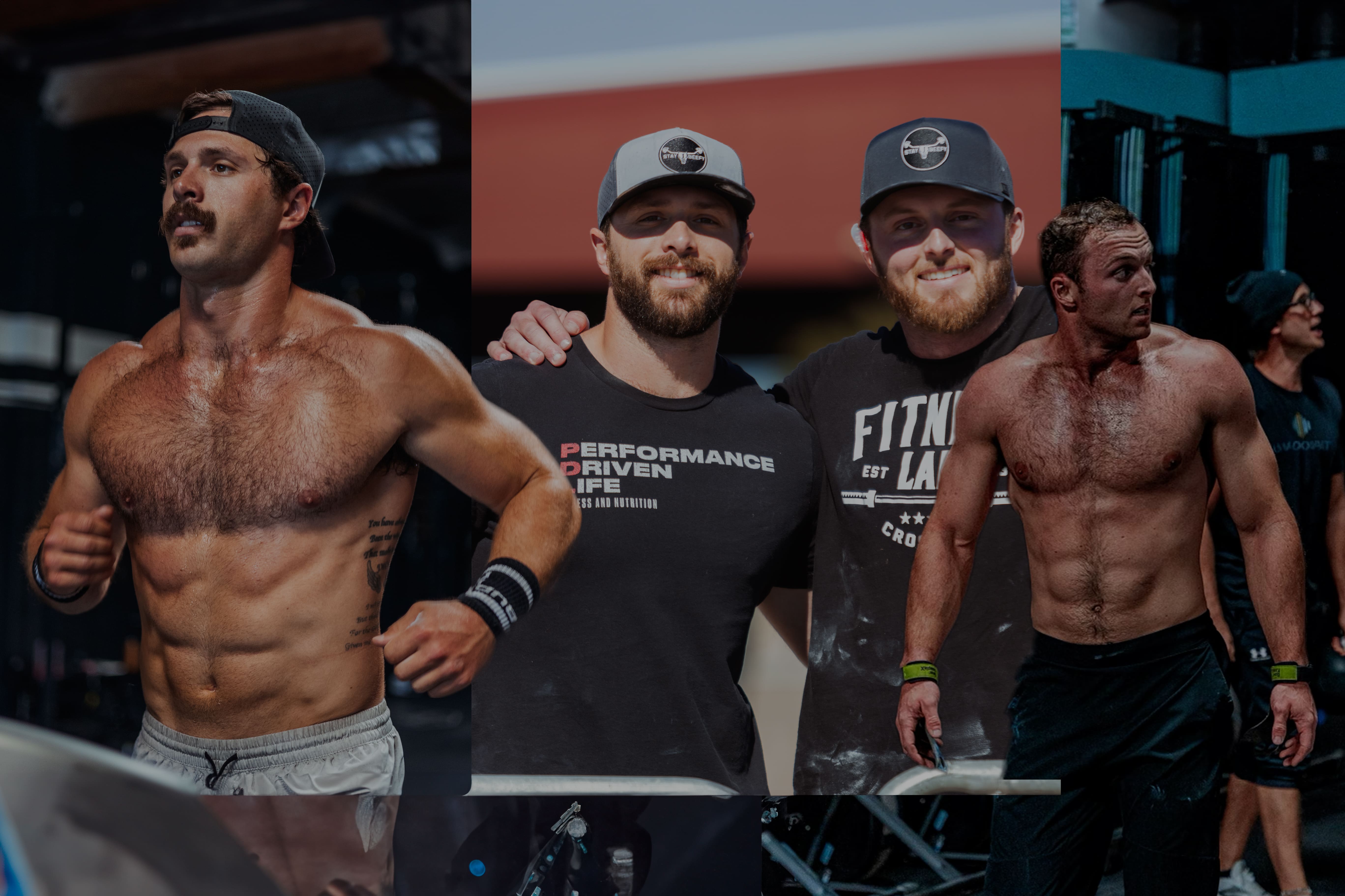 Two muscular shirtless men and two men wearing caps and t-shirts, all smiling and posing in a gym setting.