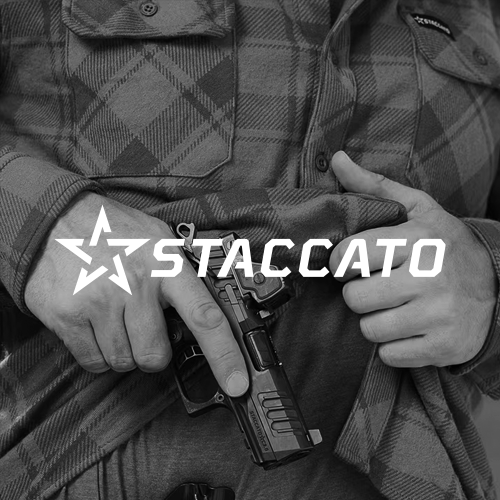 Person lifting plaid shirt to reveal a black handgun holstered at the waist, with the Staccato star logo and text overlay.