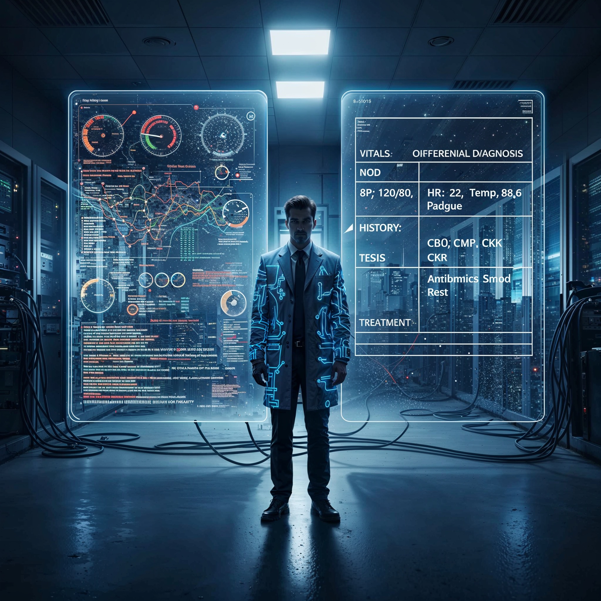 "Suited professional views holographic medical screens displaying vitals history, and tests in cyber-clinical interface.