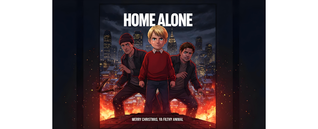 Animated poster of Home Alone featuring a determined boy in a red sweater with two men behind him in a cityscape with fire and snow.