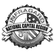 Silver badge with three stars above 'INFRAGARD' and a banner reading 'NATIONAL CAPITAL REGION' over gears and stripes with 'PARTNERSHIP FOR PROTECTION' on the bottom.