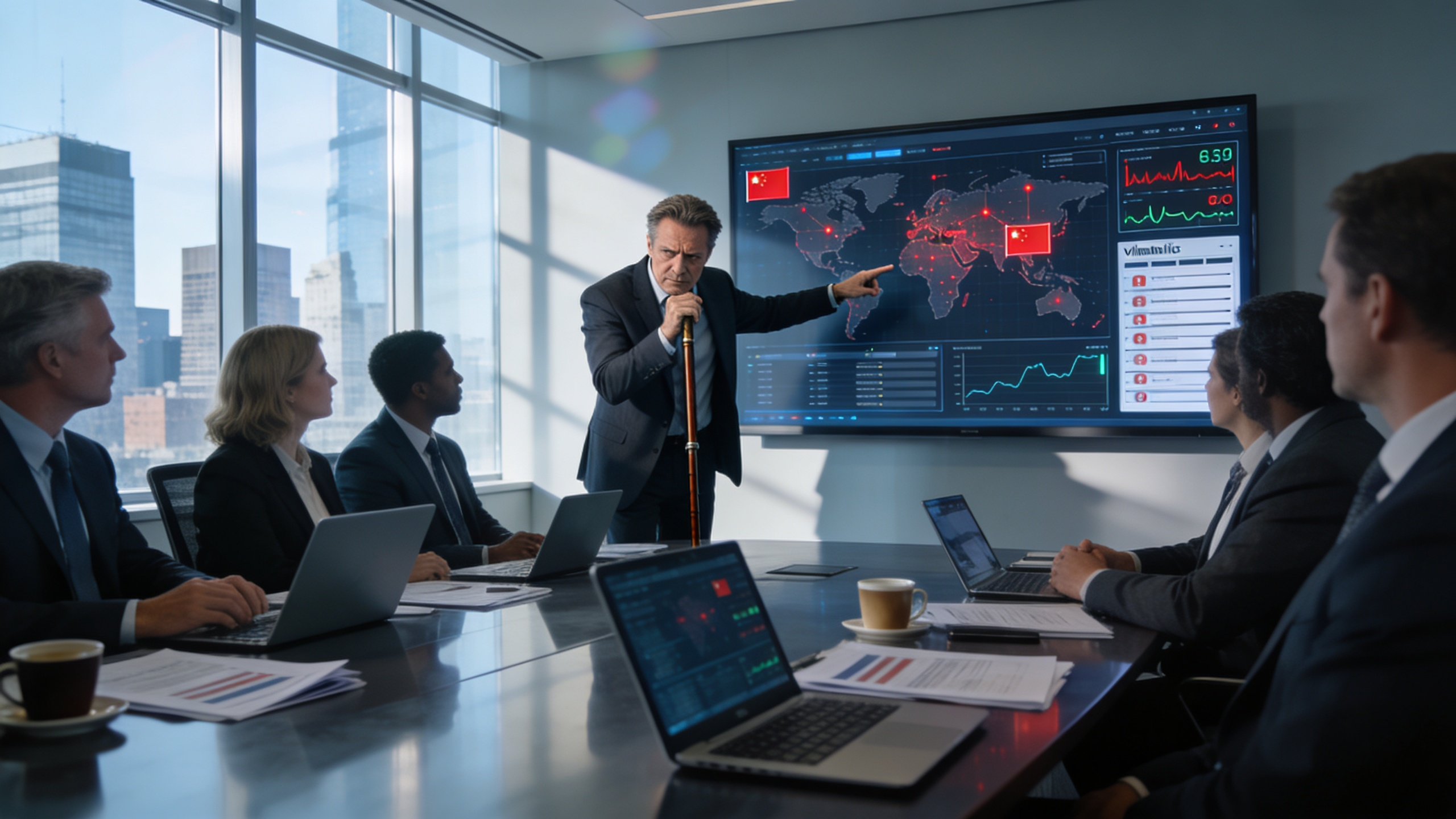 "Suited professional views holographic medical screens displaying vitals history, and tests in cyber-clinical interface.