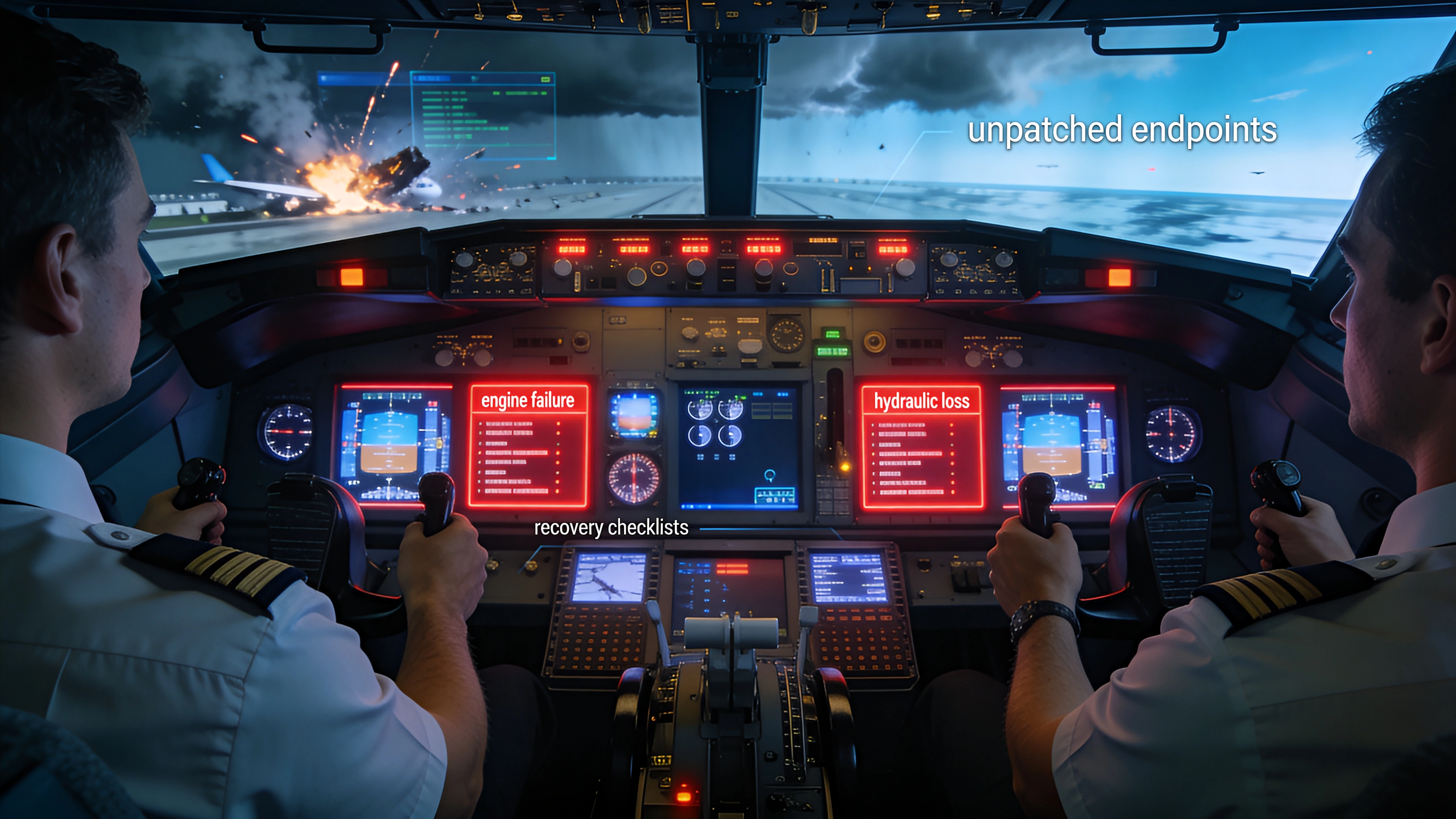 Dual scene: Pilot controls advanced cockpit simulator (left); executive fires gun at breaking green code hologram (right), contrasting aviation failure simulation with cyber patch pretense.