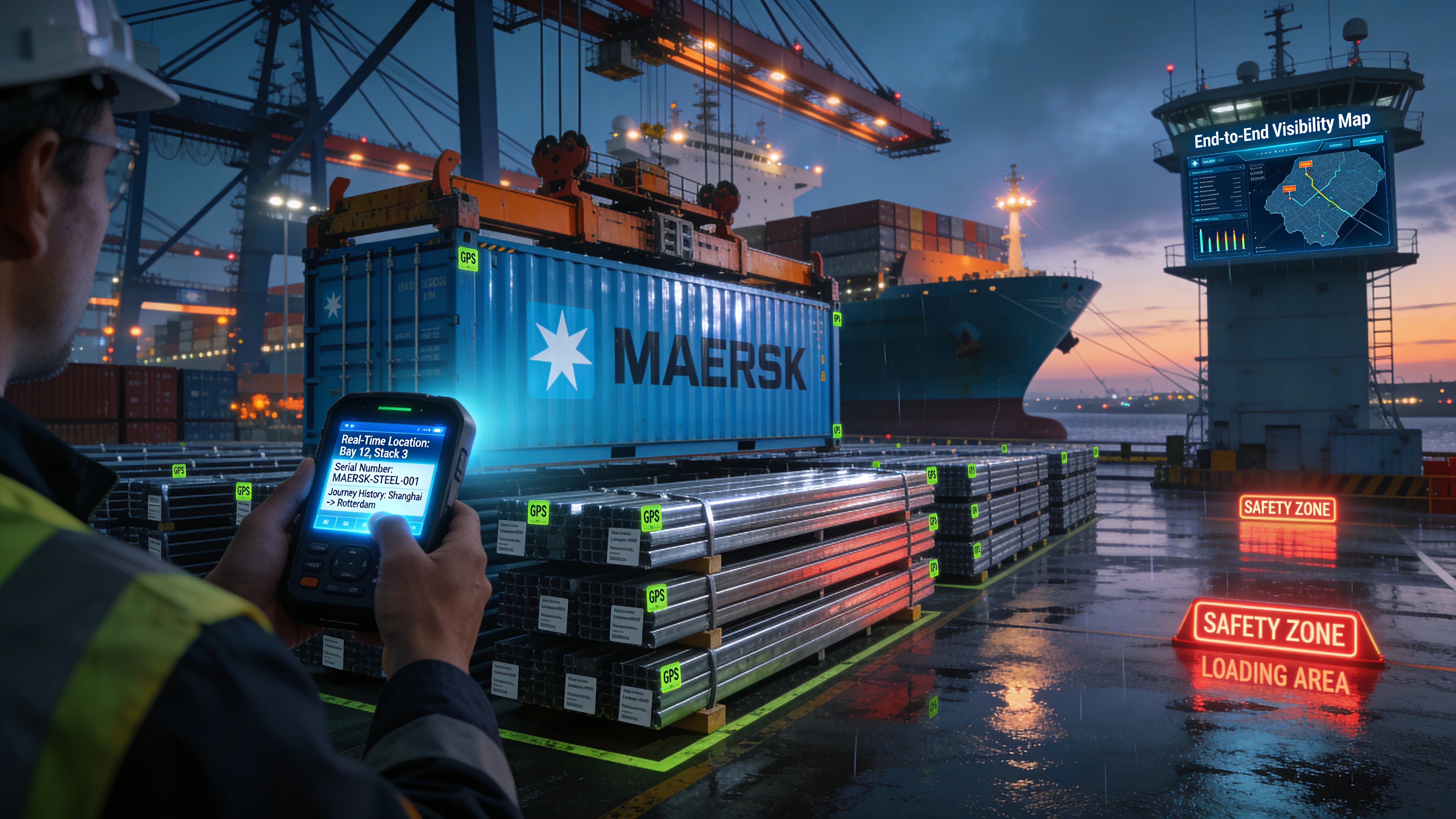 "Maersk blue container ship at sea loaded with stacked multicolored shipping containers under clear skies."