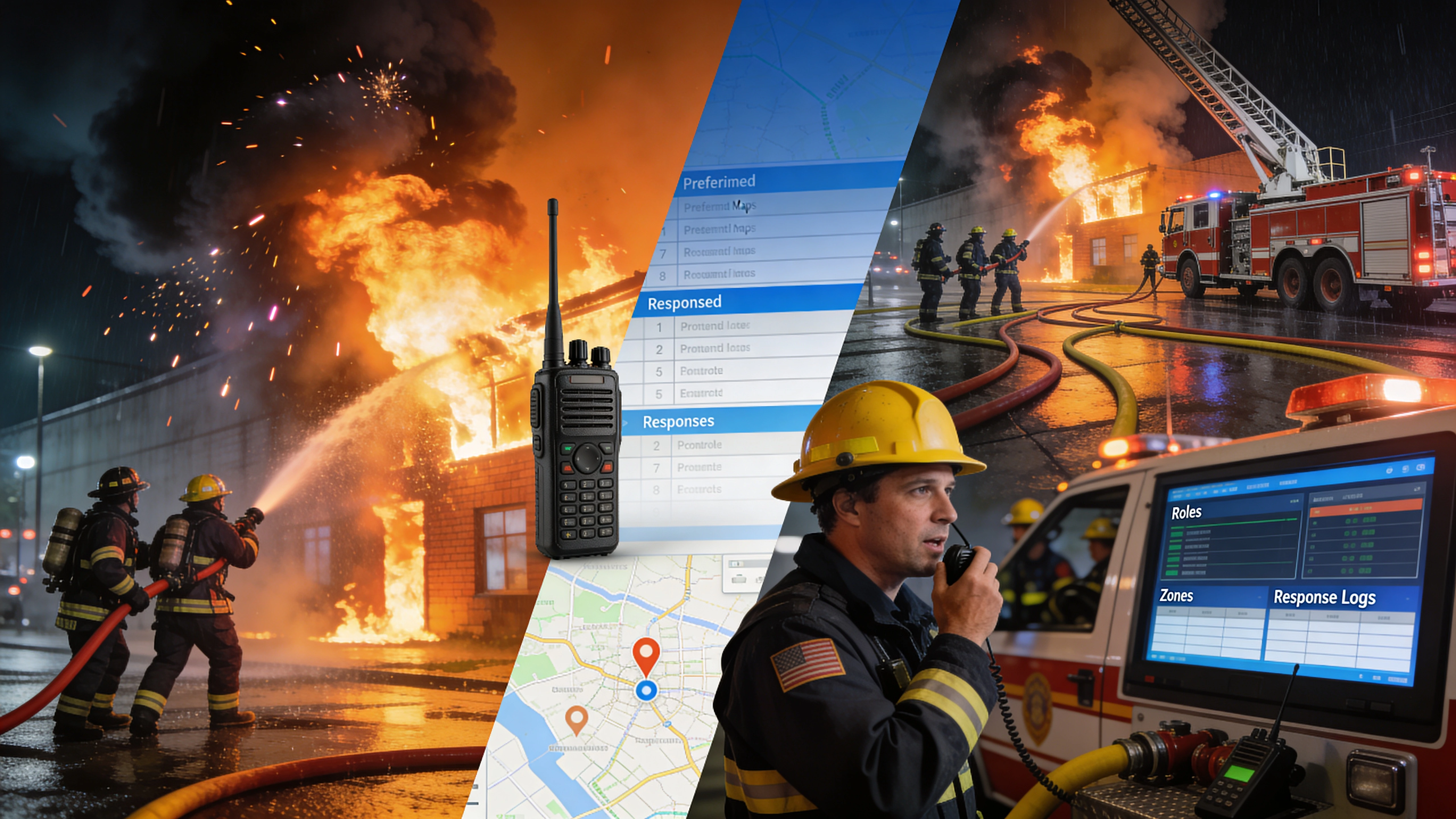 "Firefighters combat intense multi-building blaze at night with spotlights and vehicles, illustrating uncontrolled fireground chaos before command structure.