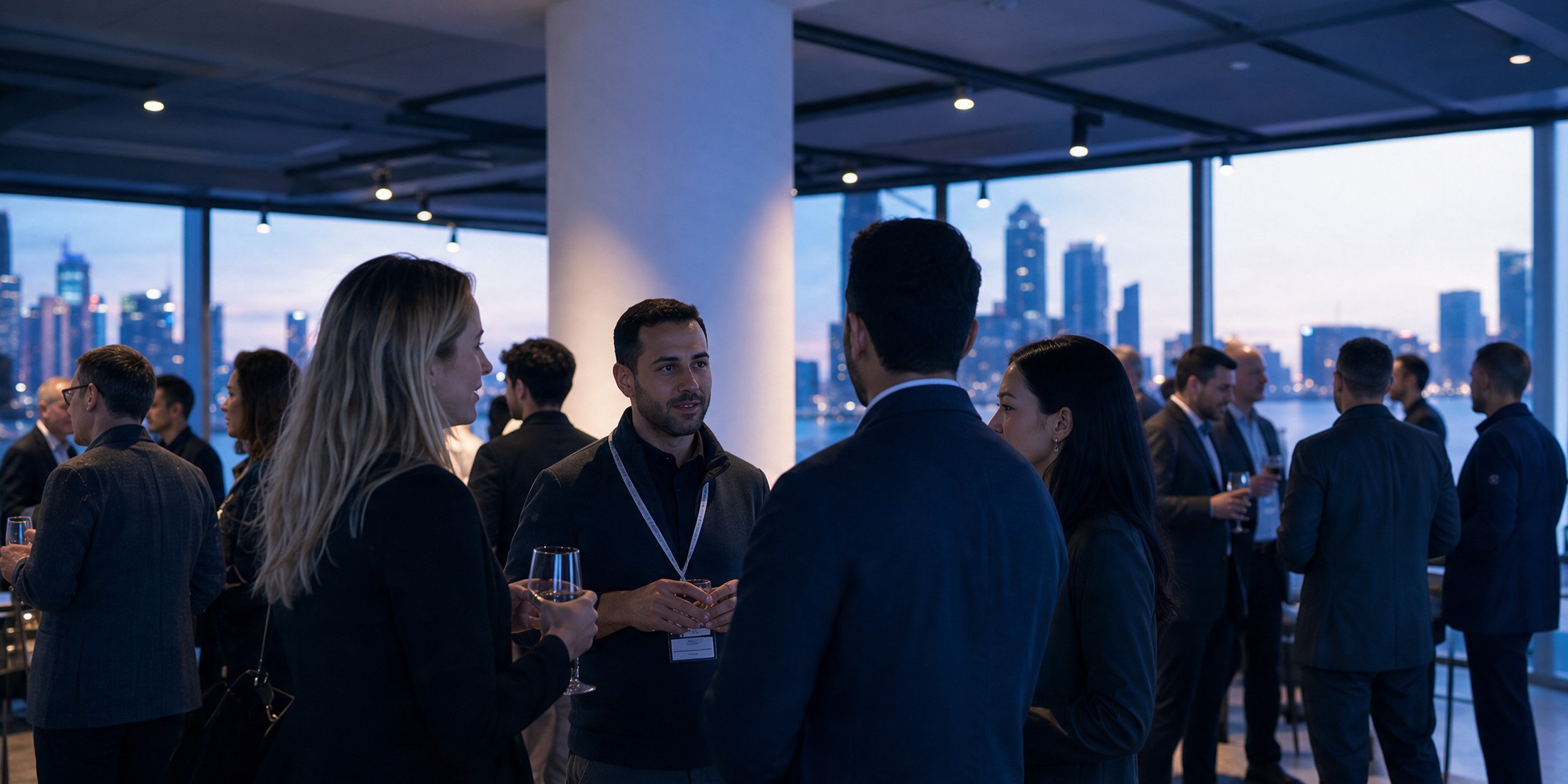 Security leaders, founders and investors in conversation at an Alchemy salon overlooking the city at dusk