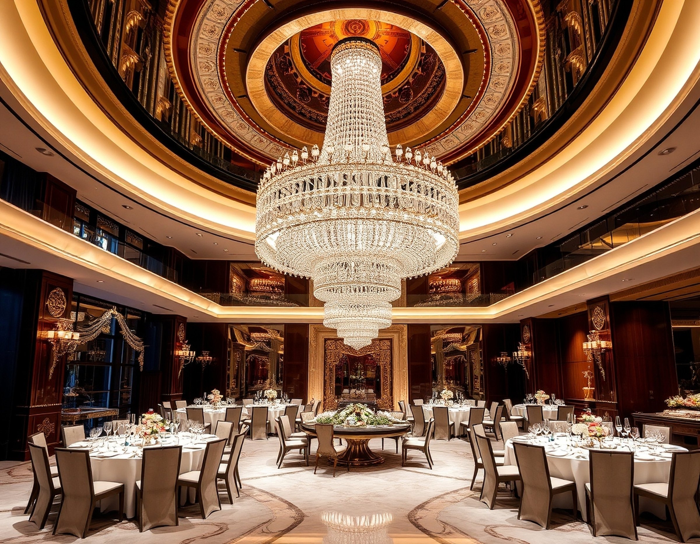 A banquet room set with round tables and low lighting before a closed-door session