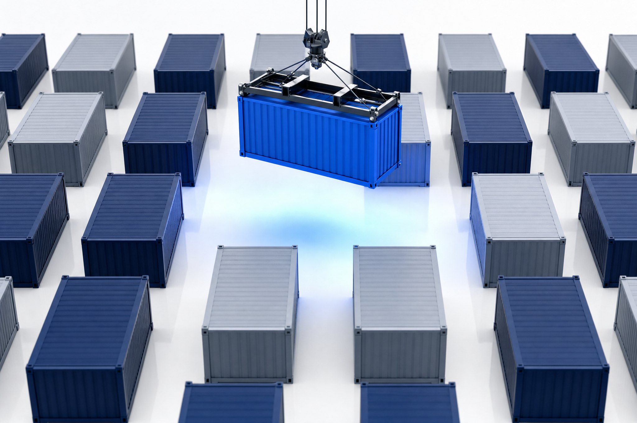 A container lifted from a stack, lit electric blue