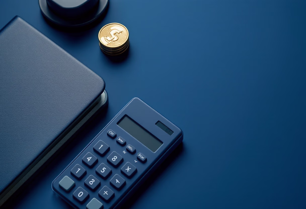 Calculator and ledger on a blue desk