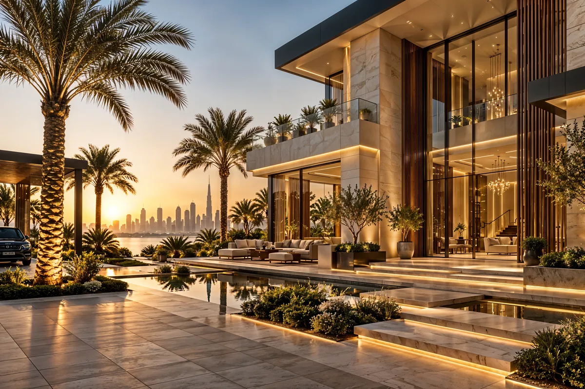 Modern villa exterior with facade lighting and landscape design, Dubai